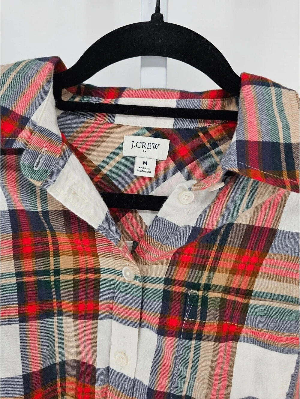 J Crew Womens Sz M Long Sleeve Button Up Plaid Flannel Shirt Red Brown White